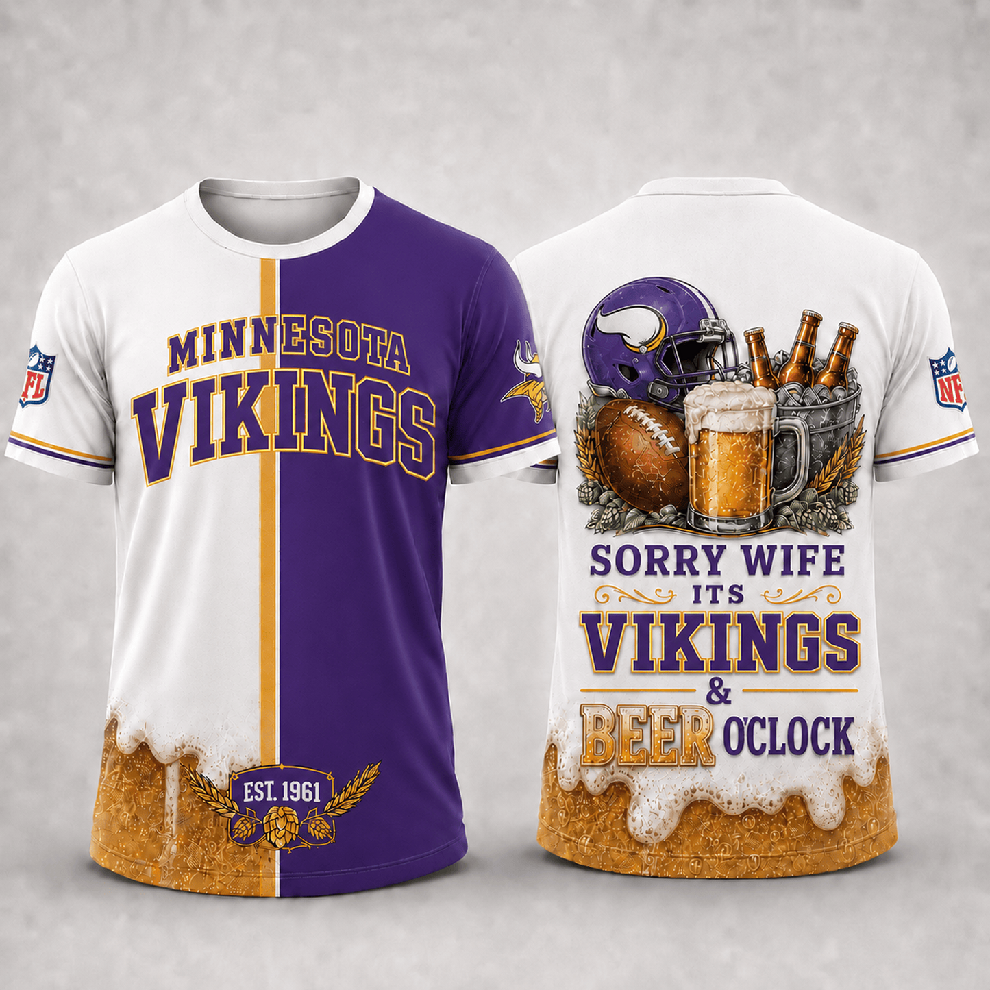 Premium NFL x MIN Sorry Wife It's Match Day And Beer Time Funny Sports Fan 3D Shirt 290626
